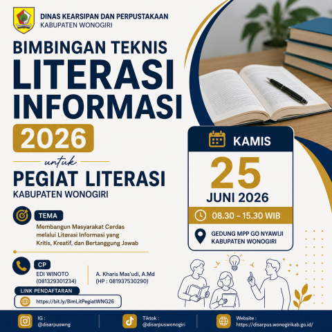 Pengumuman Bimbingan Teknis Literasi Informasi Tahun 2026 untuk Pegiat Literasi Kabupaten Wonogiri