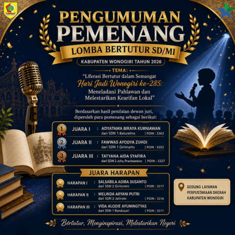 Enam Siswa Terbaik Raih Juara Lomba Bertutur SD Tingkat Kabupaten Wonogiri Tahun 2026